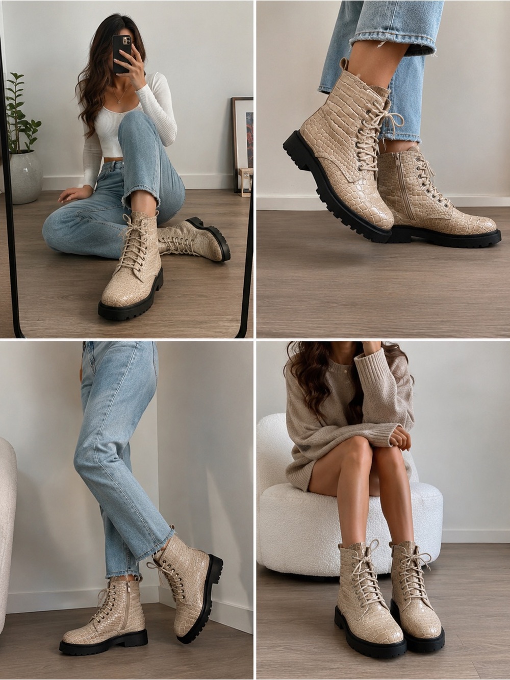 Urban Outfitters Croc Embossed Combat Boots Beige Taupe Lug Sole US 8 EU 39